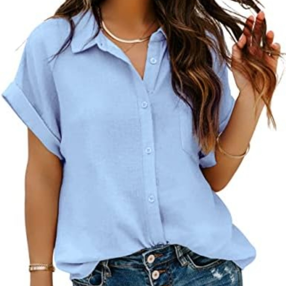 NWT Pausus Short Sleeve Button Front Blue Chiffon Shirt Size 2XL